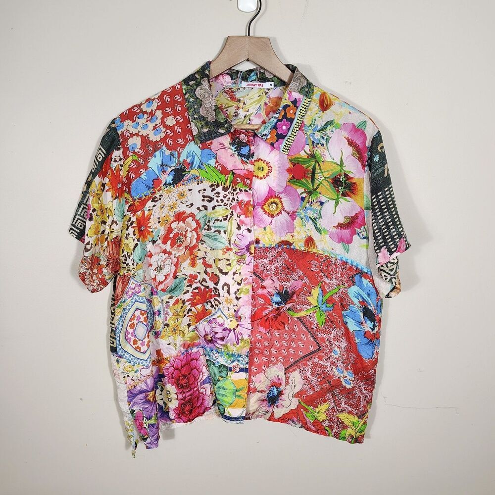 Johnny Was Aero Jules Boho Silk Patchwork Button Up Shirt Size M Floral Resort